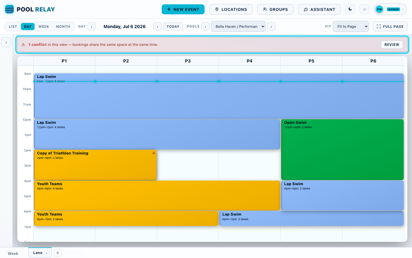 The Pool Relay calendar with a coral banner reading one conflict in this view, and the clashing bookings pulsing.