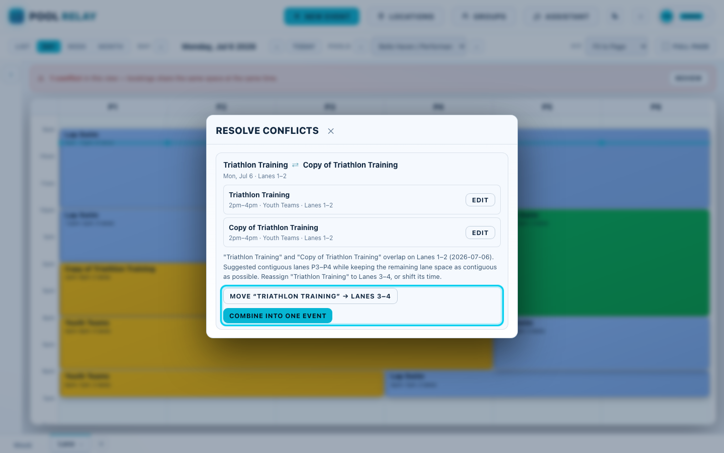 The Resolve conflicts dialog, offering to move a booking to lanes 3 and 4 or to combine both bookings into one event.