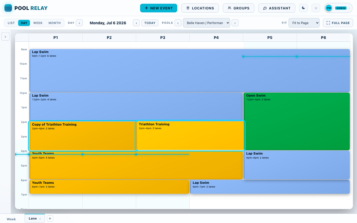 The same calendar with the two bookings side by side on their own lanes and the conflict banner gone.